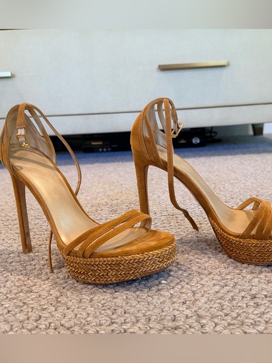 Stuart Weitzman Shoes - Stuart Weitzman Tan Suede Woven Platform Ankle-Tie Sandals